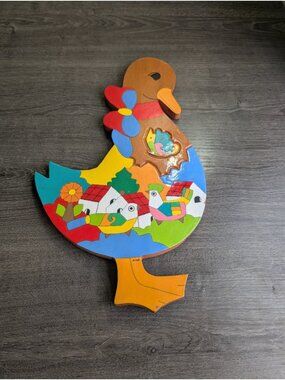 Vintage El Salvador La Palma Folk Art Wood Duck Wall Plaque Signed Village Scene